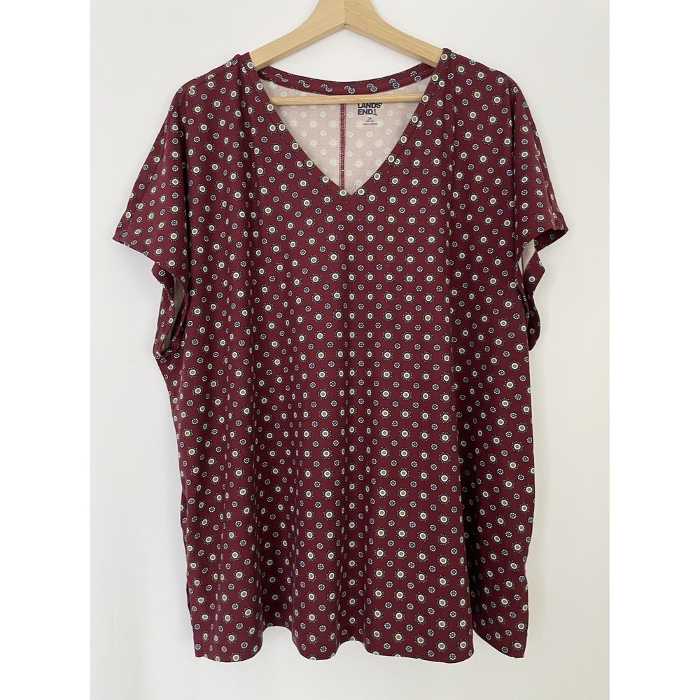 Lands' End Womens Blouse Top Short Sleeve Dolman 2X (20W-22W) Burgundy Geometric